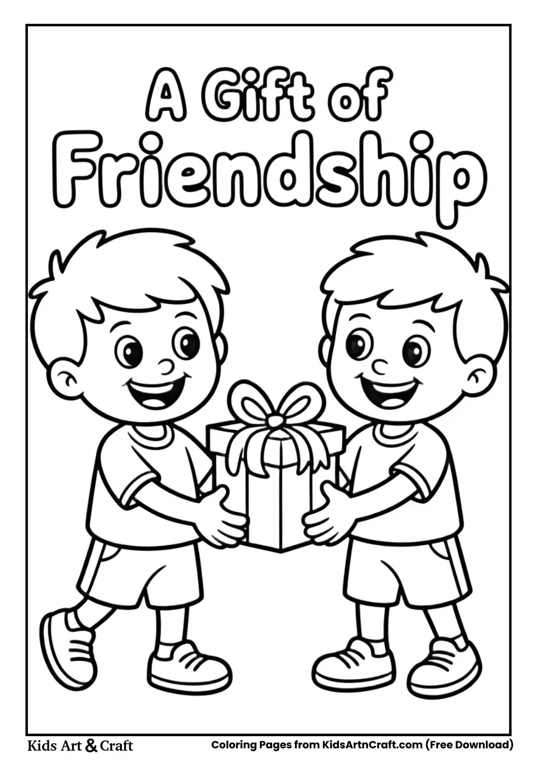 Kids giving gift friendship coloring card