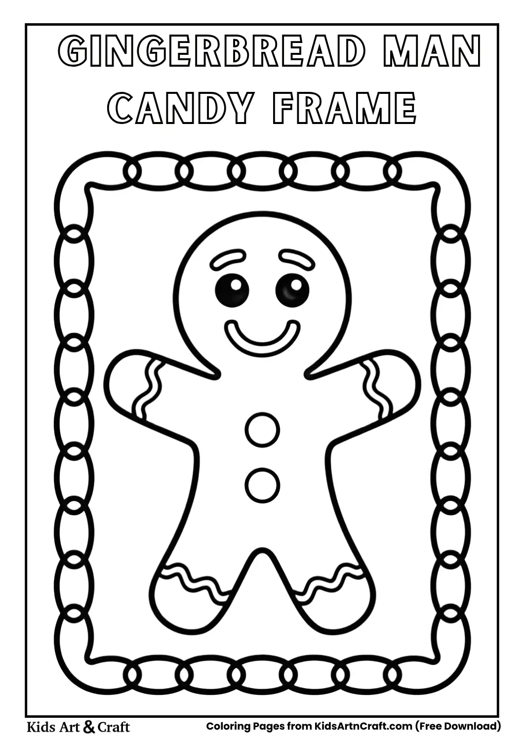 Gingerbread man inside candy frame border coloring page
