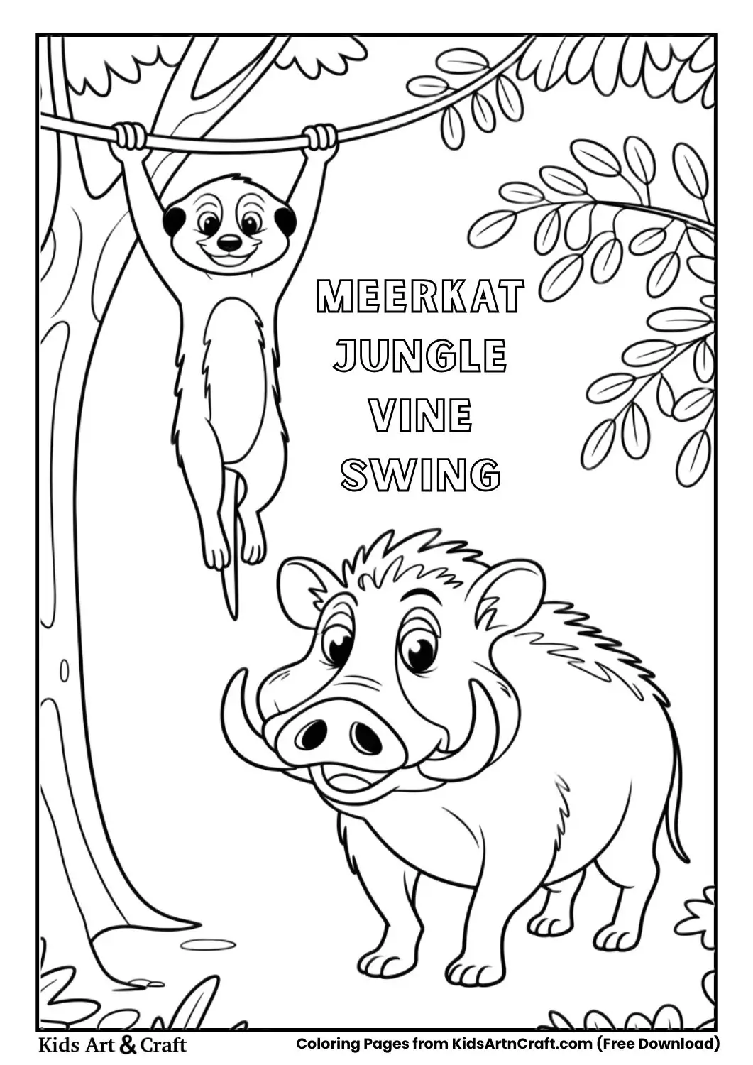 Playful meerkat swinging from jungle vine while warthog watches coloring page