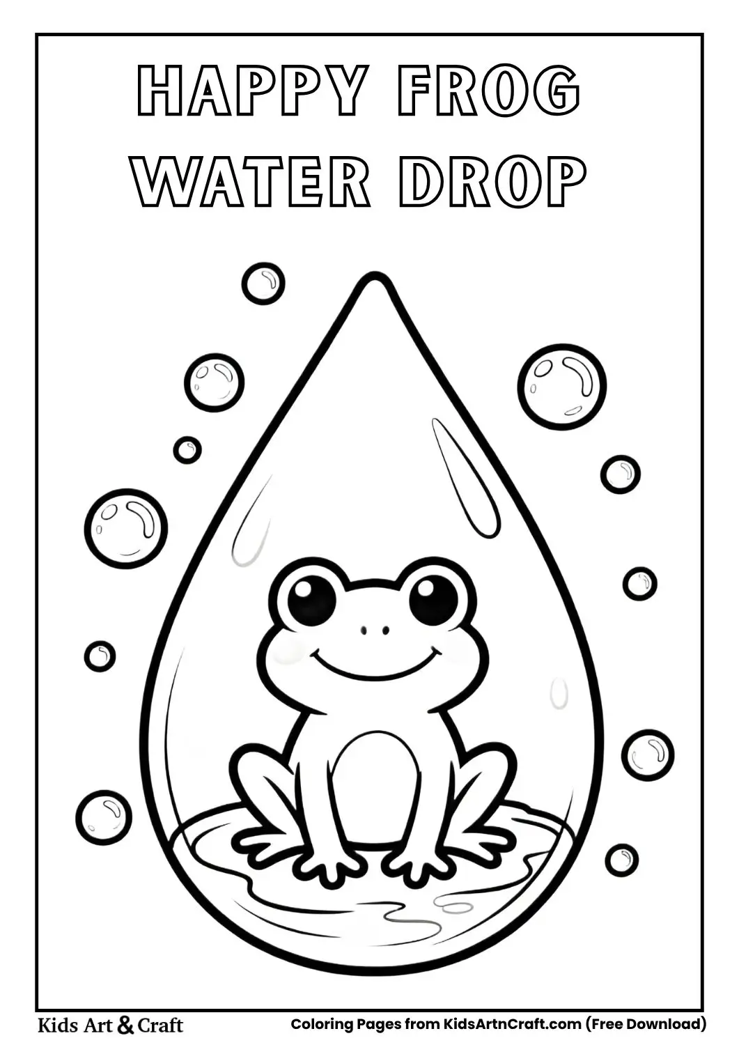 Happy frog and bubbles inside a water droplet simple coloring page