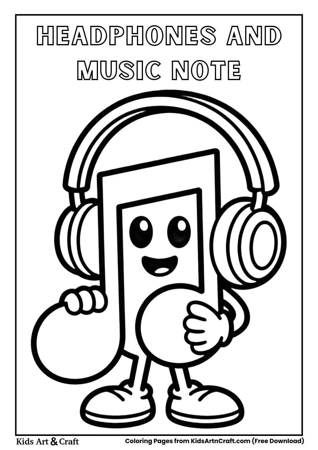 Cute headphones hugging music note cartoon coloring page