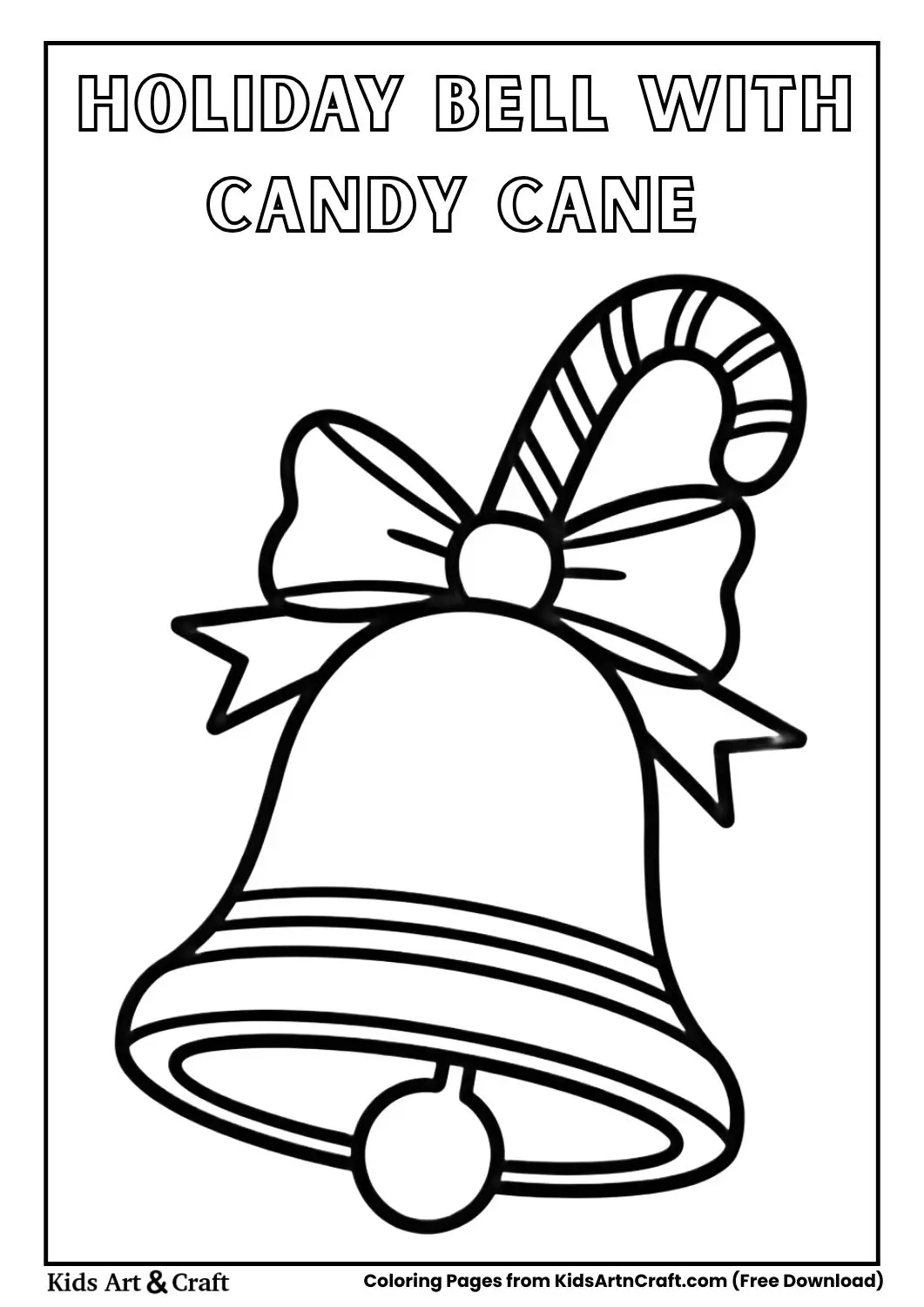 bell with candy cane and ribbon black and white coloring page
