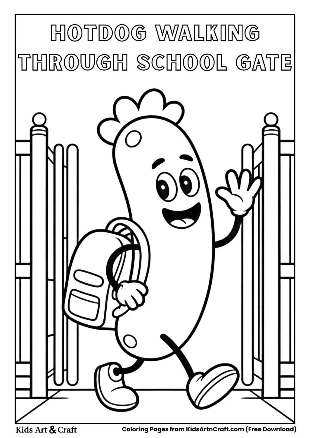 hotdog character walking through school gate with backpack coloring page