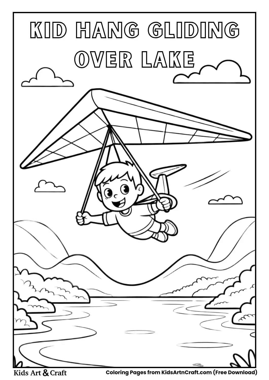 Kid flying a hang glider above a peaceful lake with mountains coloring page.