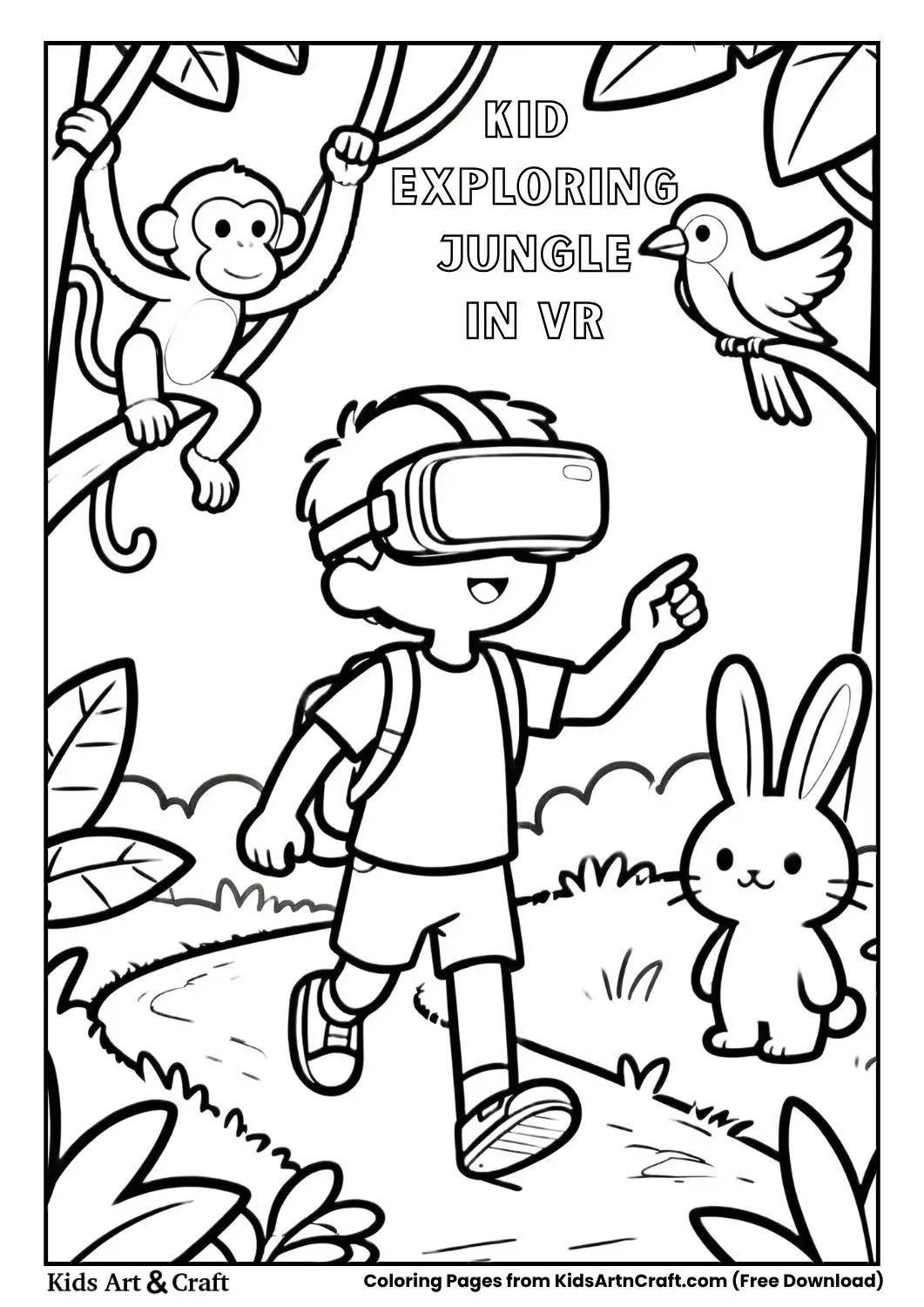 child wearing VR headset exploring jungle with friendly animals coloring page