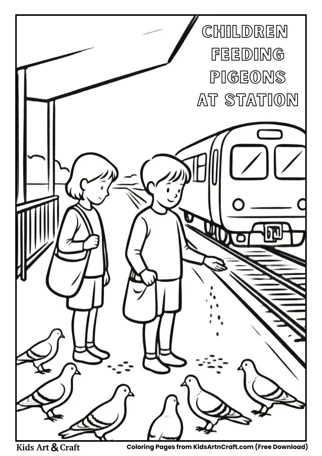 Kids feeding birds at station with train in background