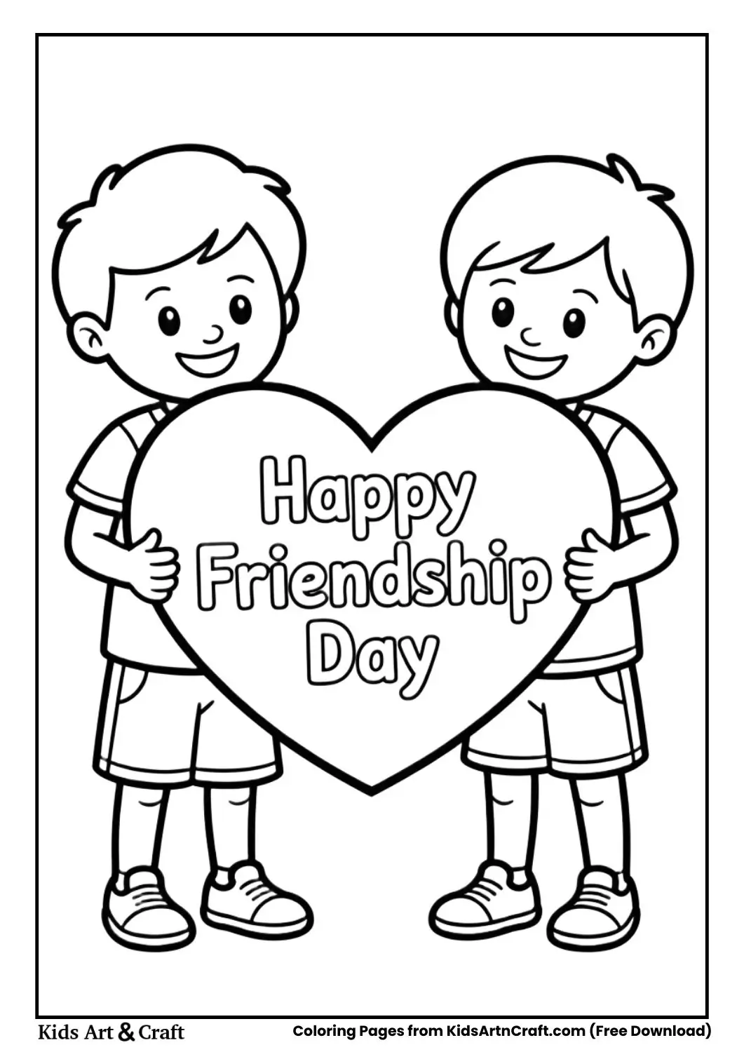 kids holding big heart happy friendship day coloring page