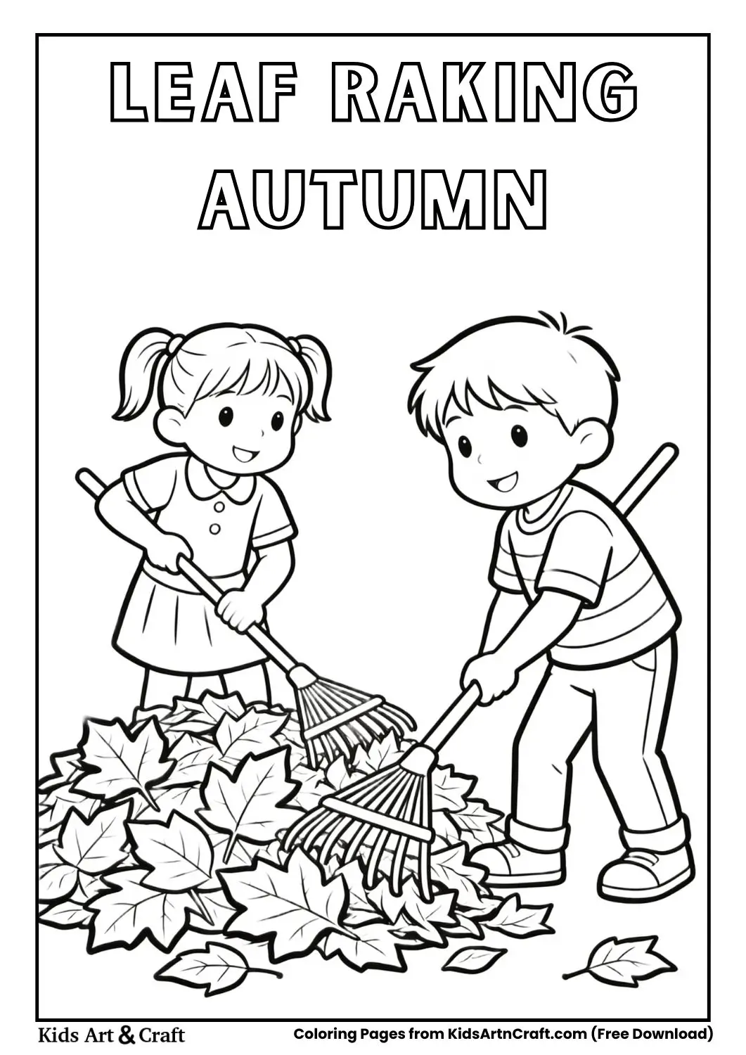 Kids raking fallen leaves coloring page
