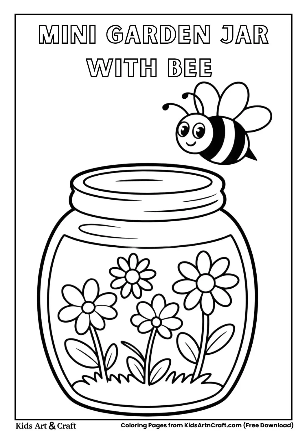 small garden inside a jar with a bee flying around black and white coloring page for kids