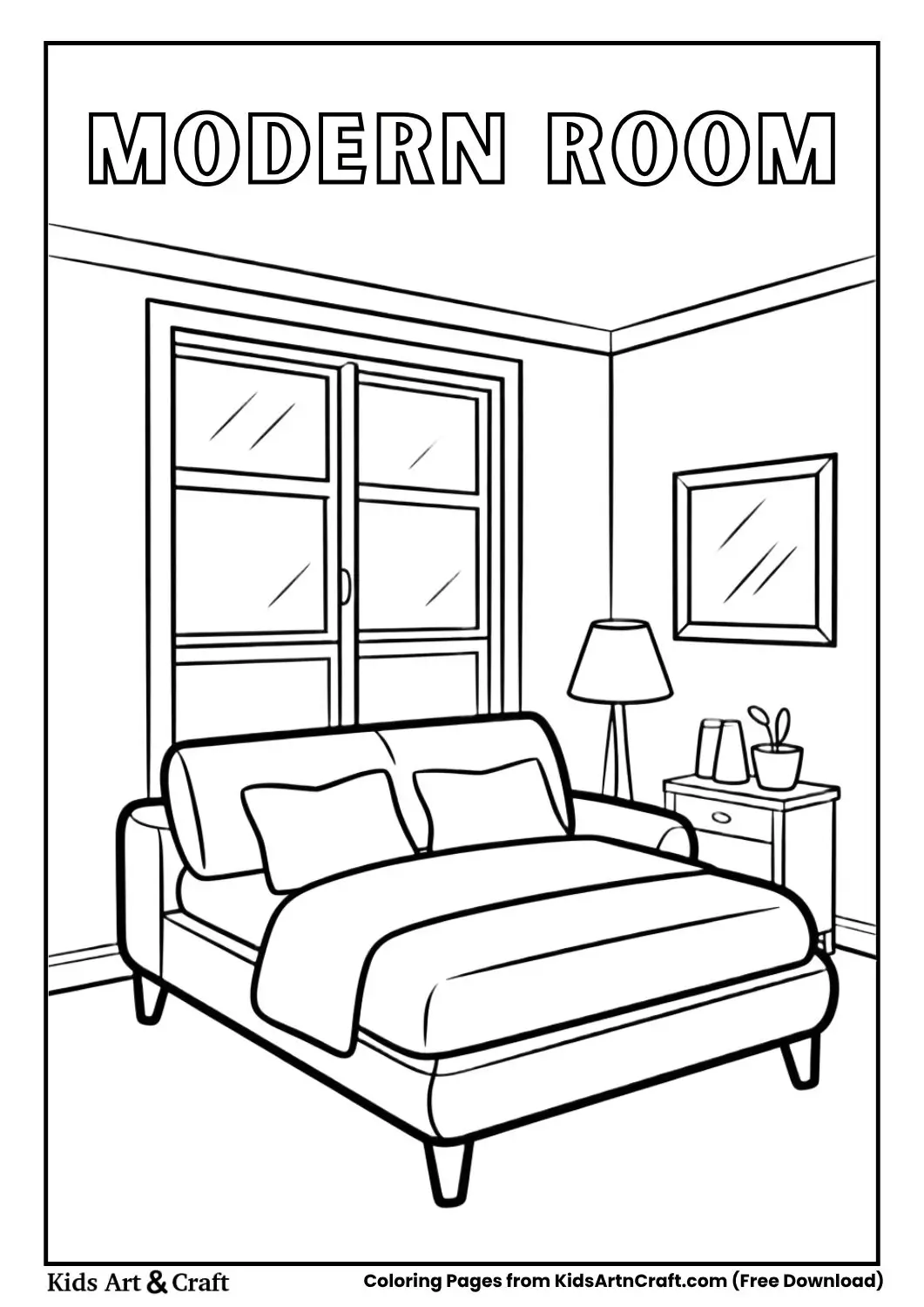 simple modern room black and white coloring page with bed sofa and window