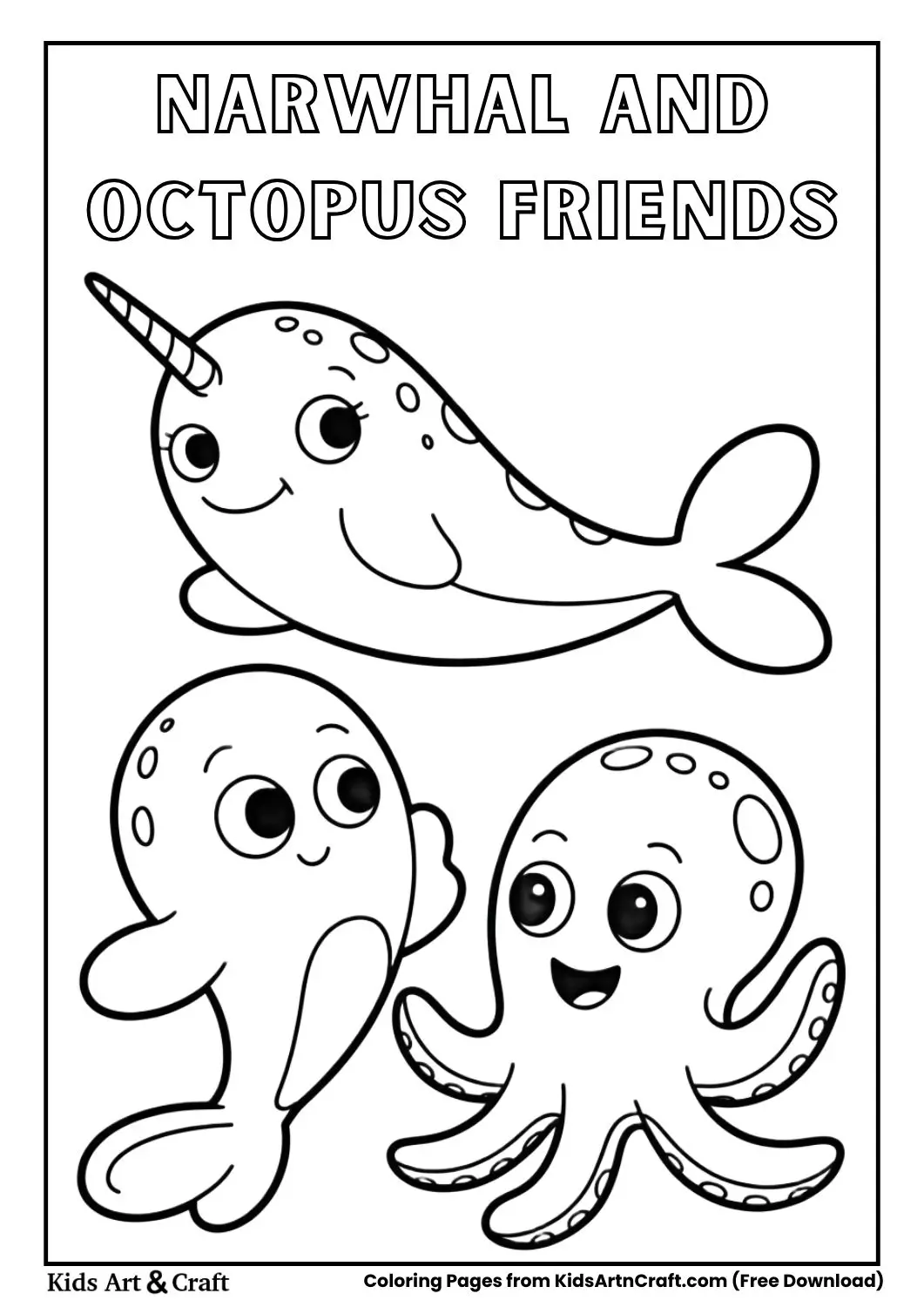 Narwhal and octopus waving coloring page