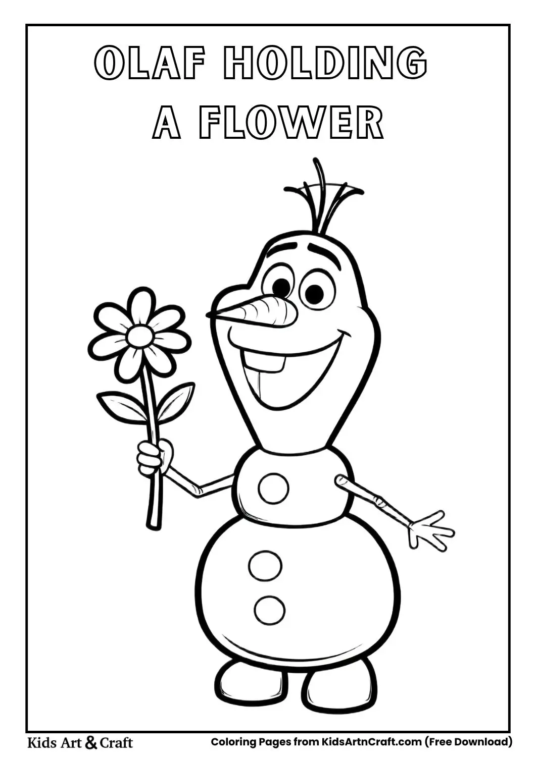 Olaf holding a flower simple cartoon snowman coloring page