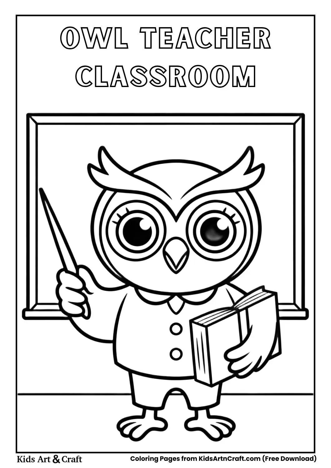 Wise owl teacher holding book and pointer in classroom coloring page