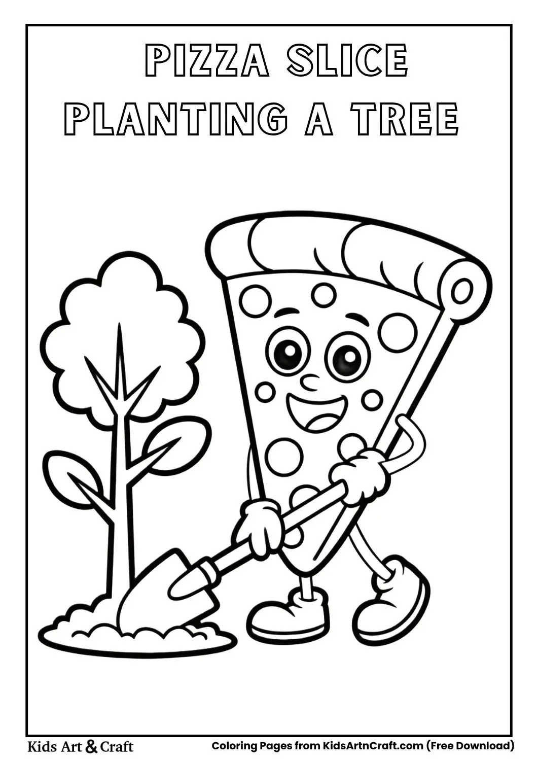 Pizza slice planting a tree with shovel coloring page