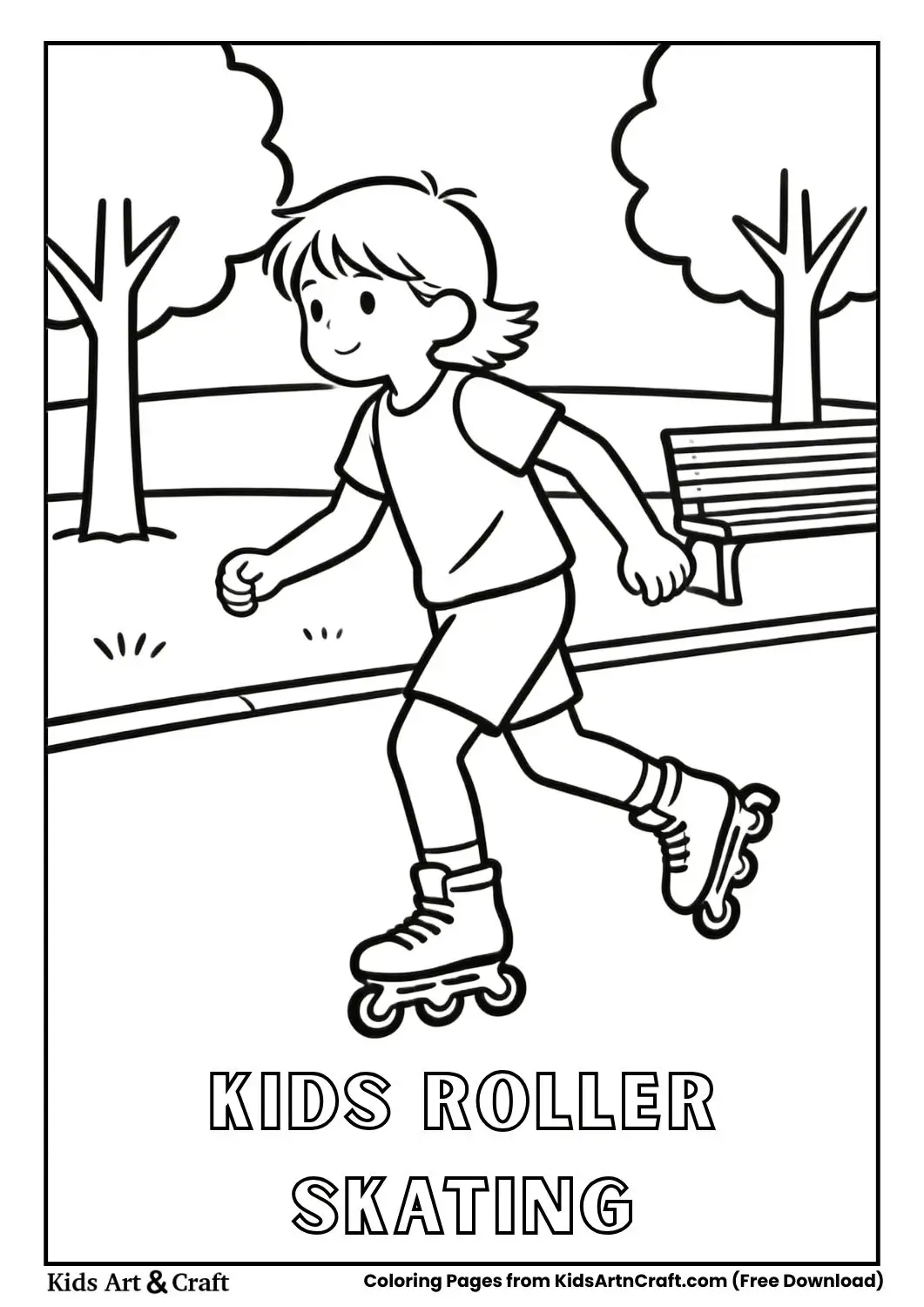 Black and white coloring page of a child roller skating in a park