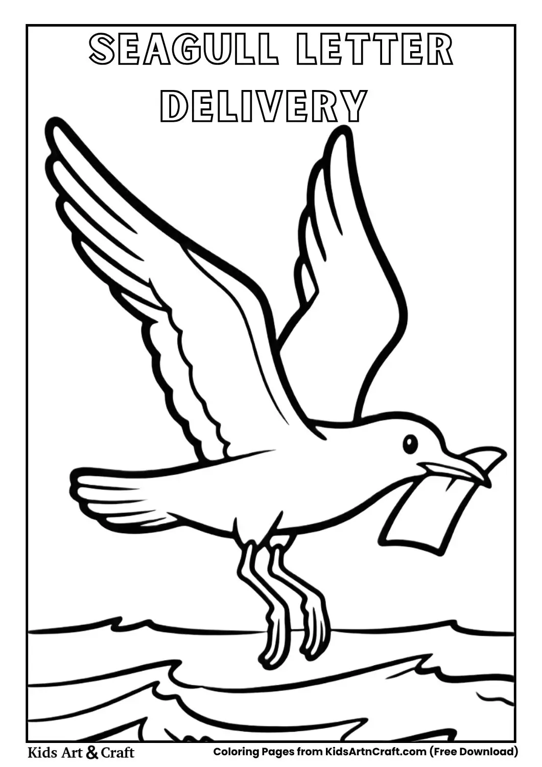 seagull flying with letter over ocean coloring page