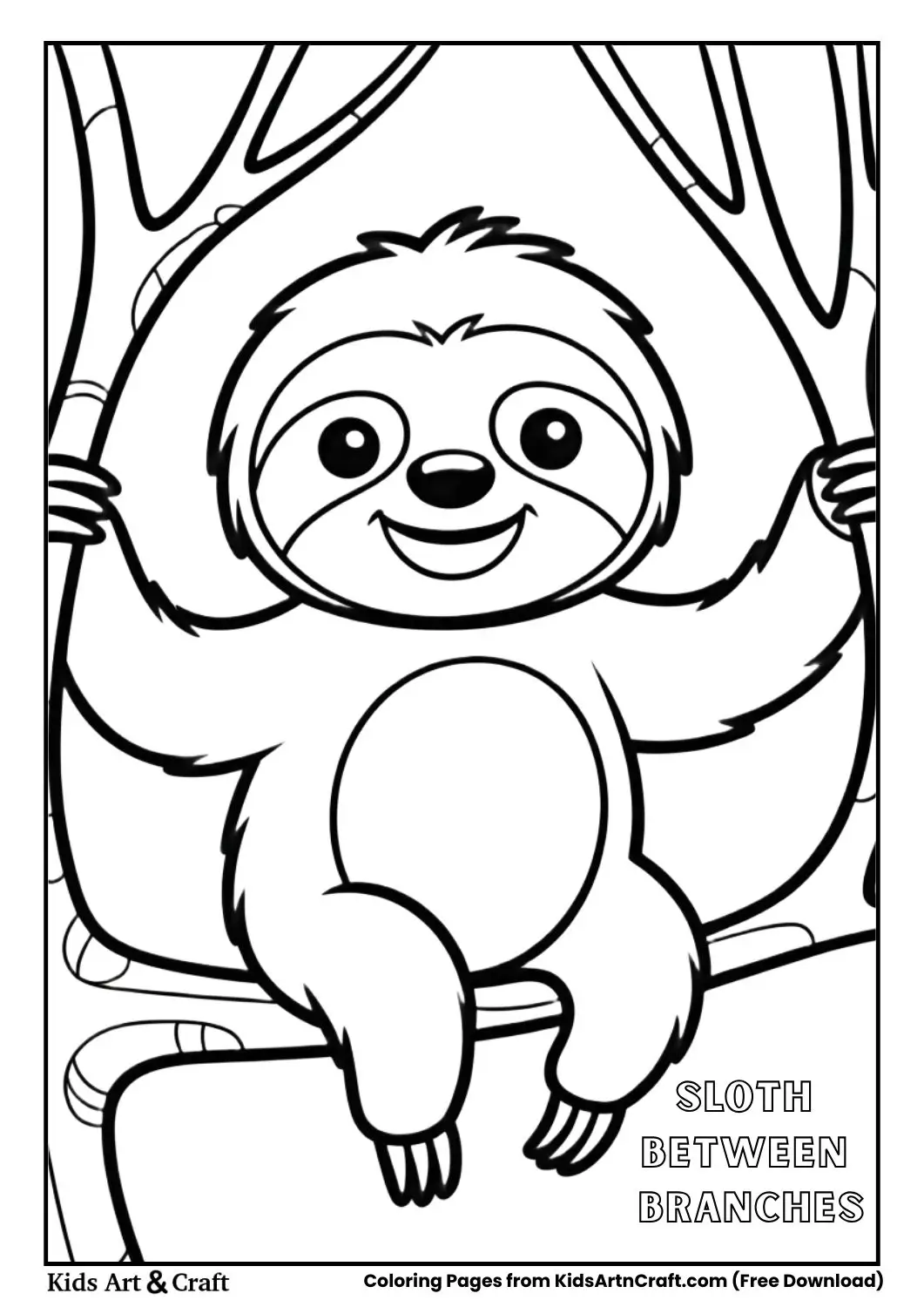 Sloth hanging between two tree branches