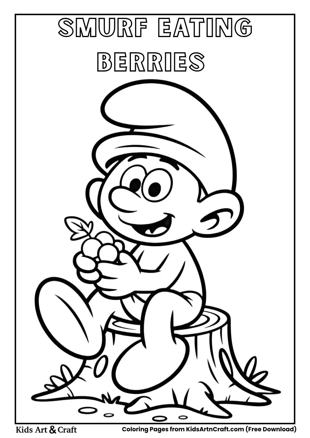 smurf sitting on tree stump eating berries coloring page