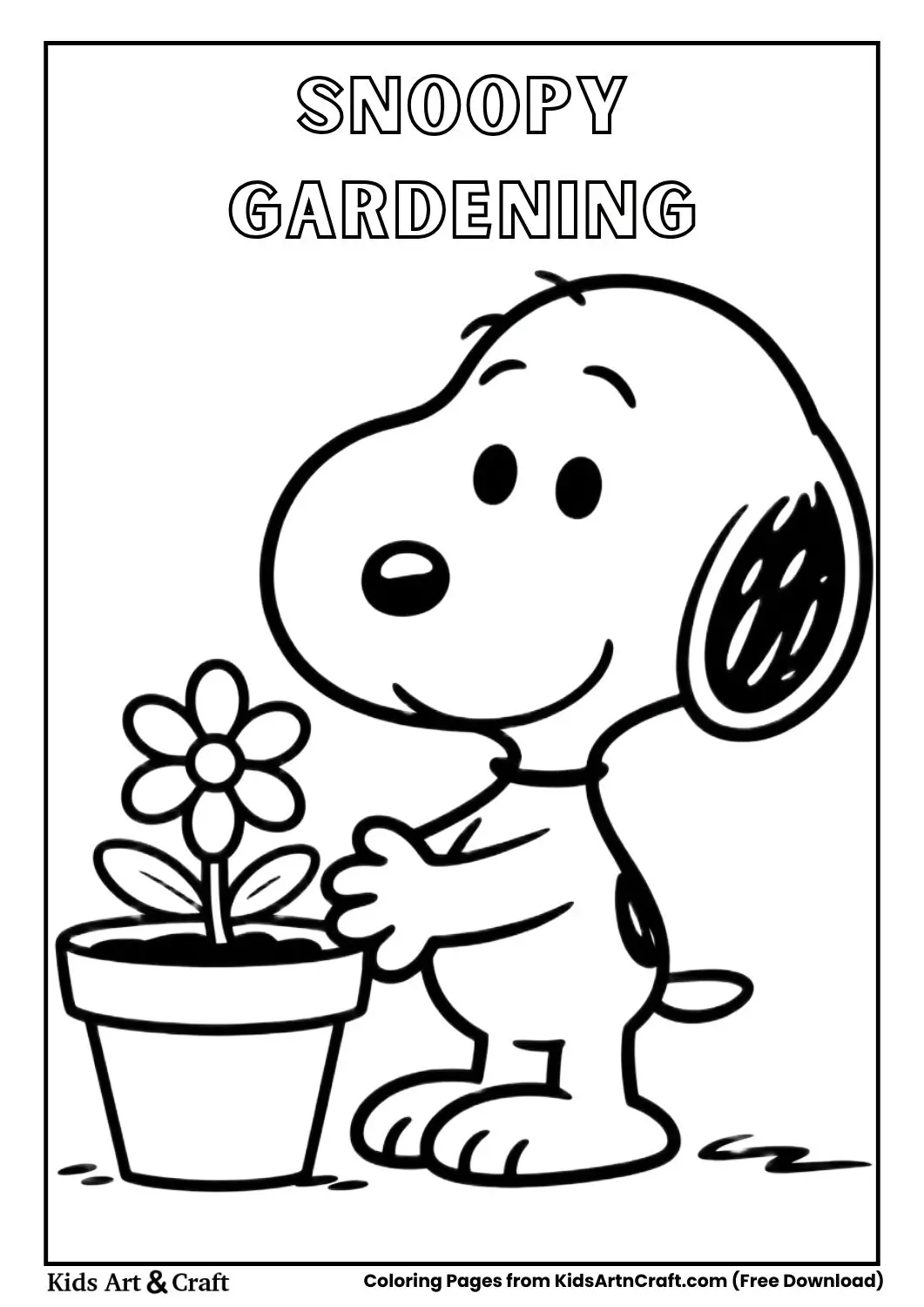 Snoopy planting flower in pot simple kids coloring page