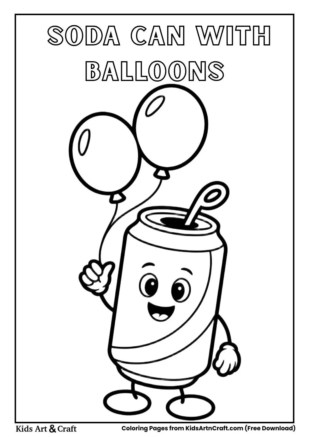 cartoon soda can floating with balloons black and white kids coloring page