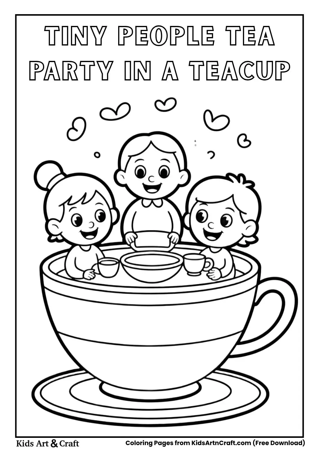 Tiny people having a tea party inside a teacup black and white kids coloring page