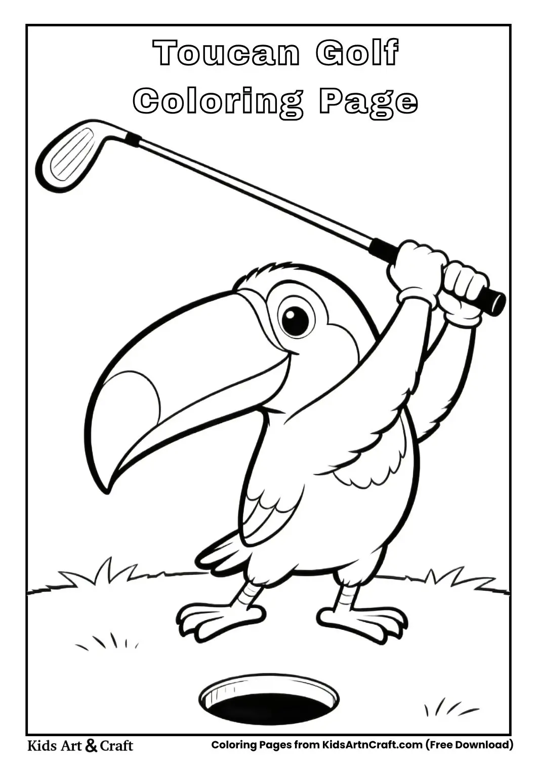 Toucan swinging golf club black and white coloring page