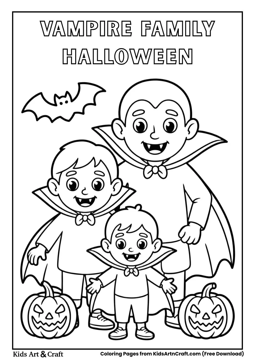 Cute vampire family with capes and pumpkins Halloween coloring page