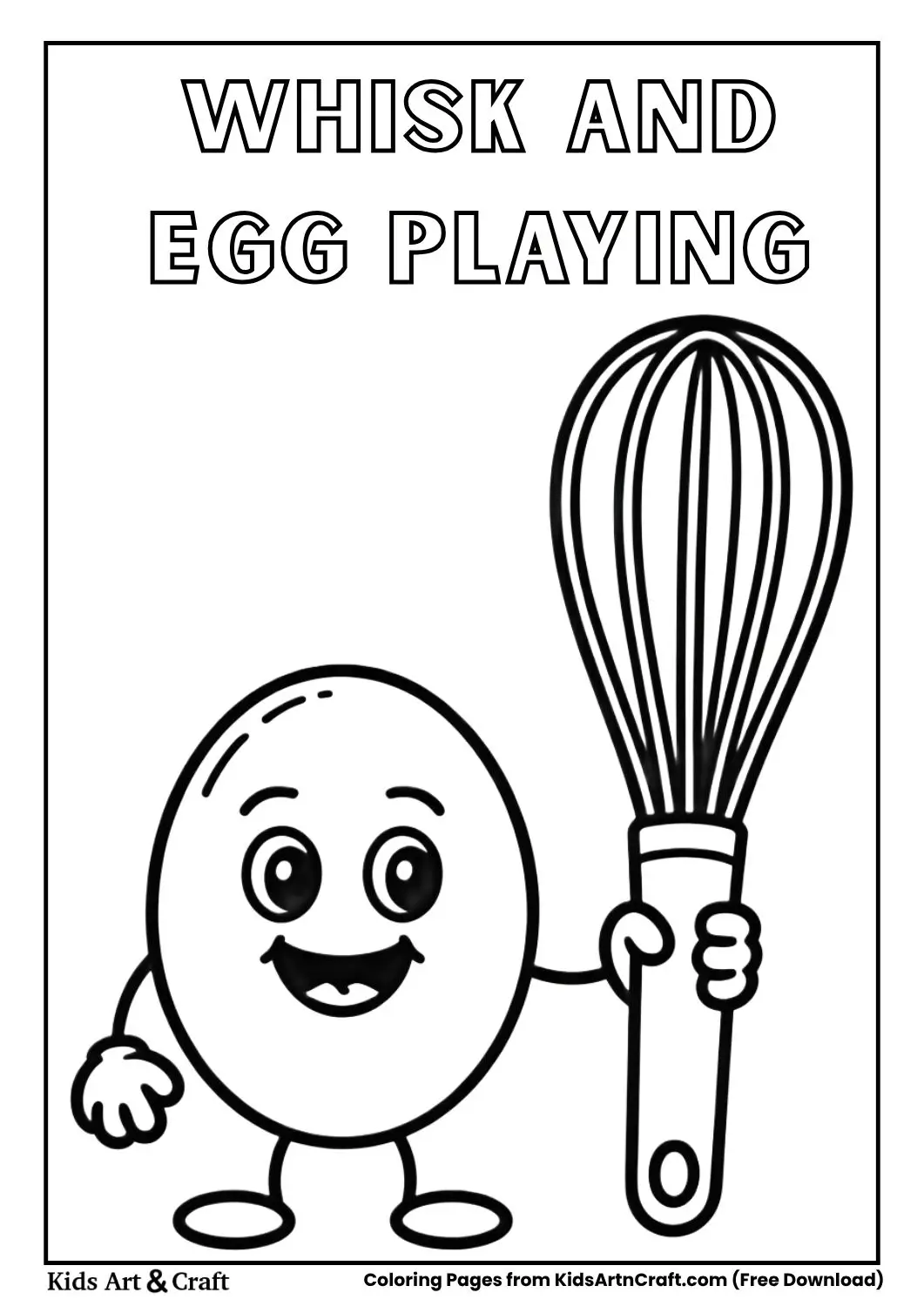 Cute whisk and egg playing together black and white kids coloring page