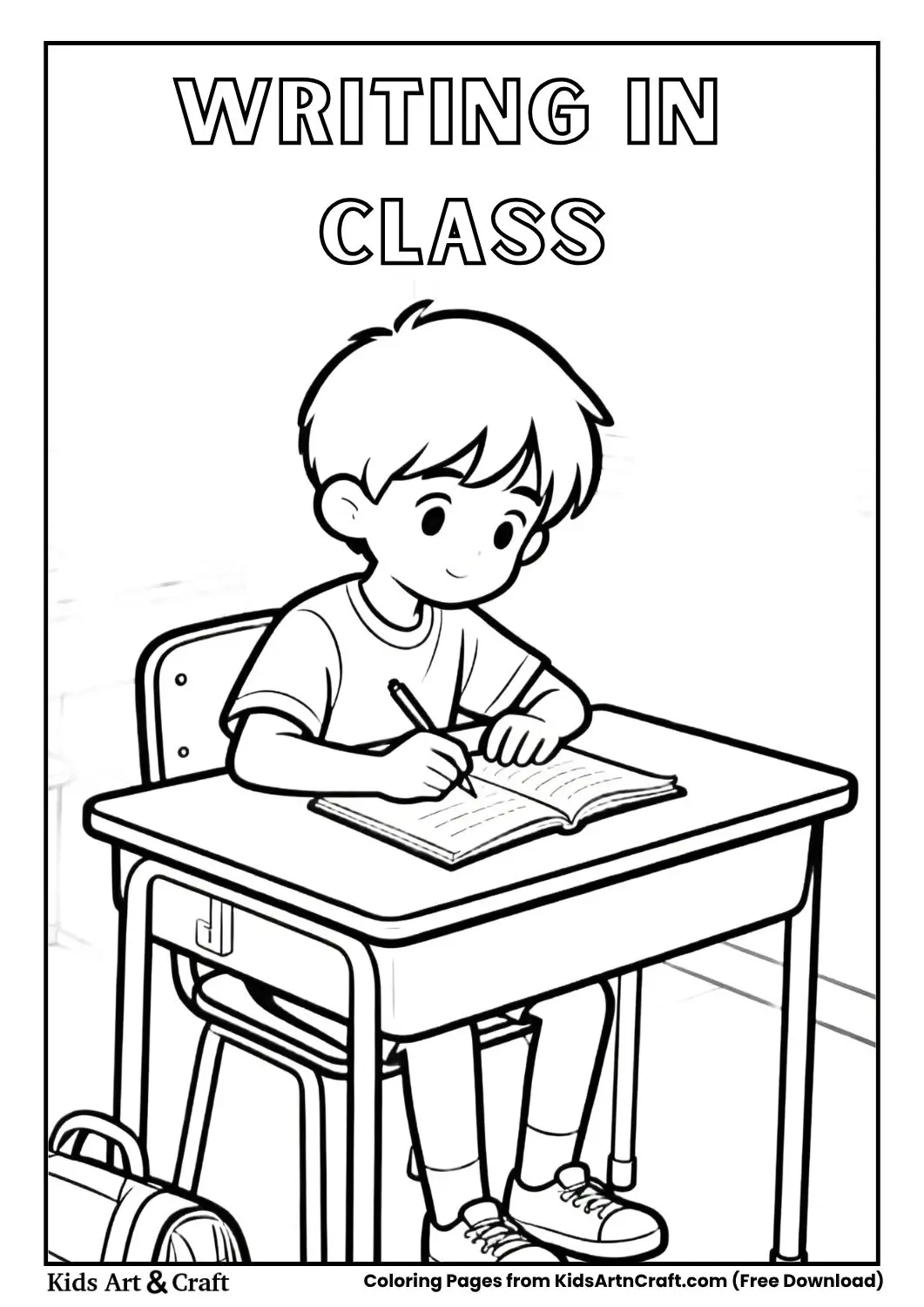 child writing in notebook classroom coloring page simple line art
