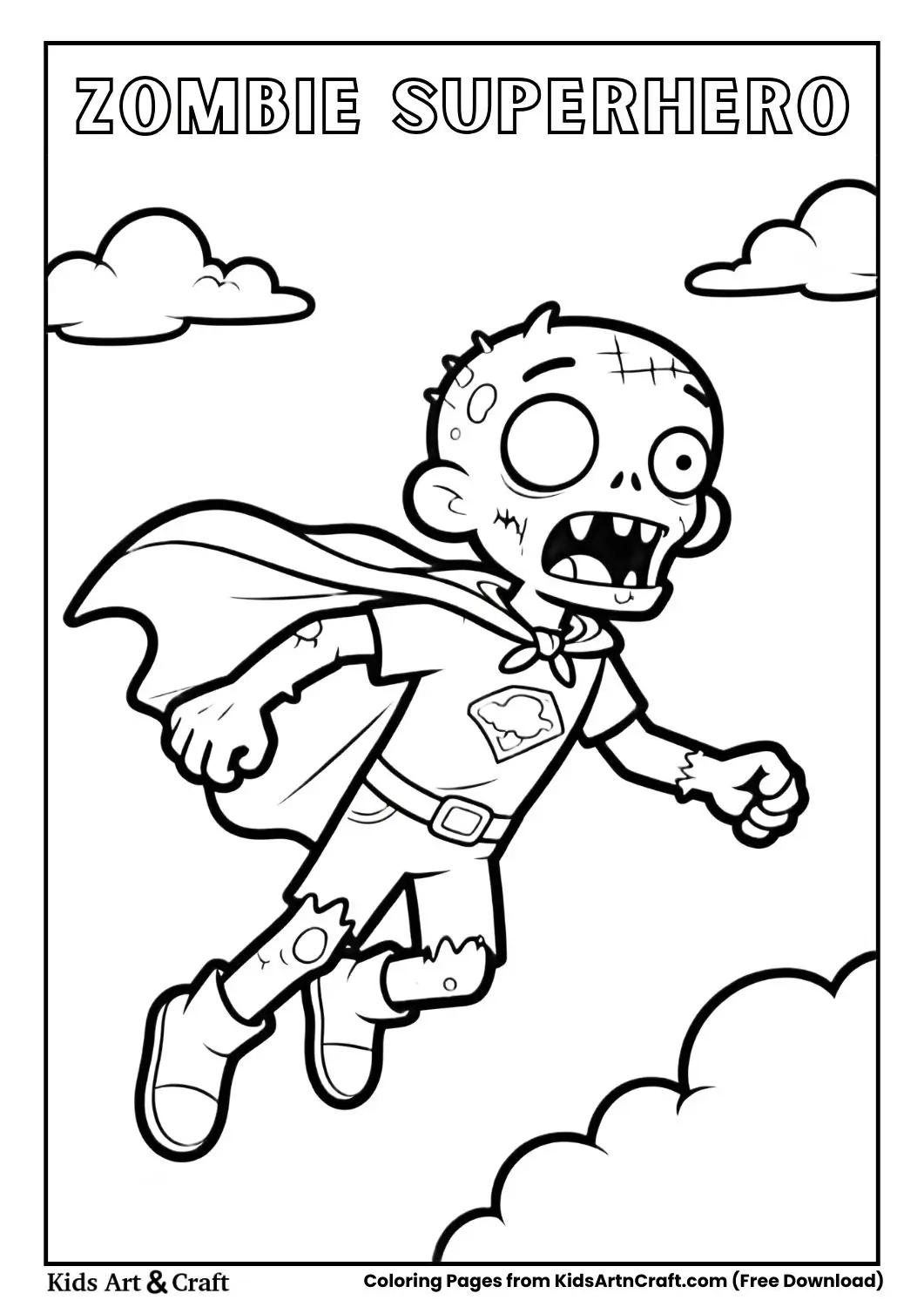 Zombie superhero flying with cape Halloween coloring page for kids