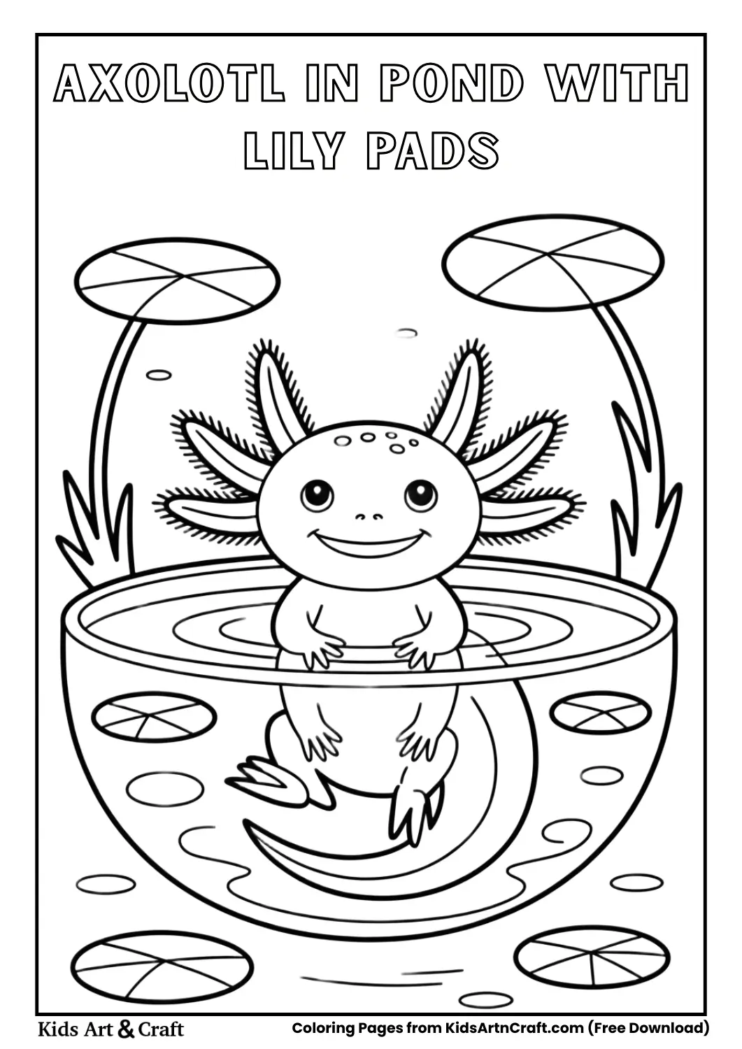 Cute axolotl in pond with lily pads simple kids coloring page