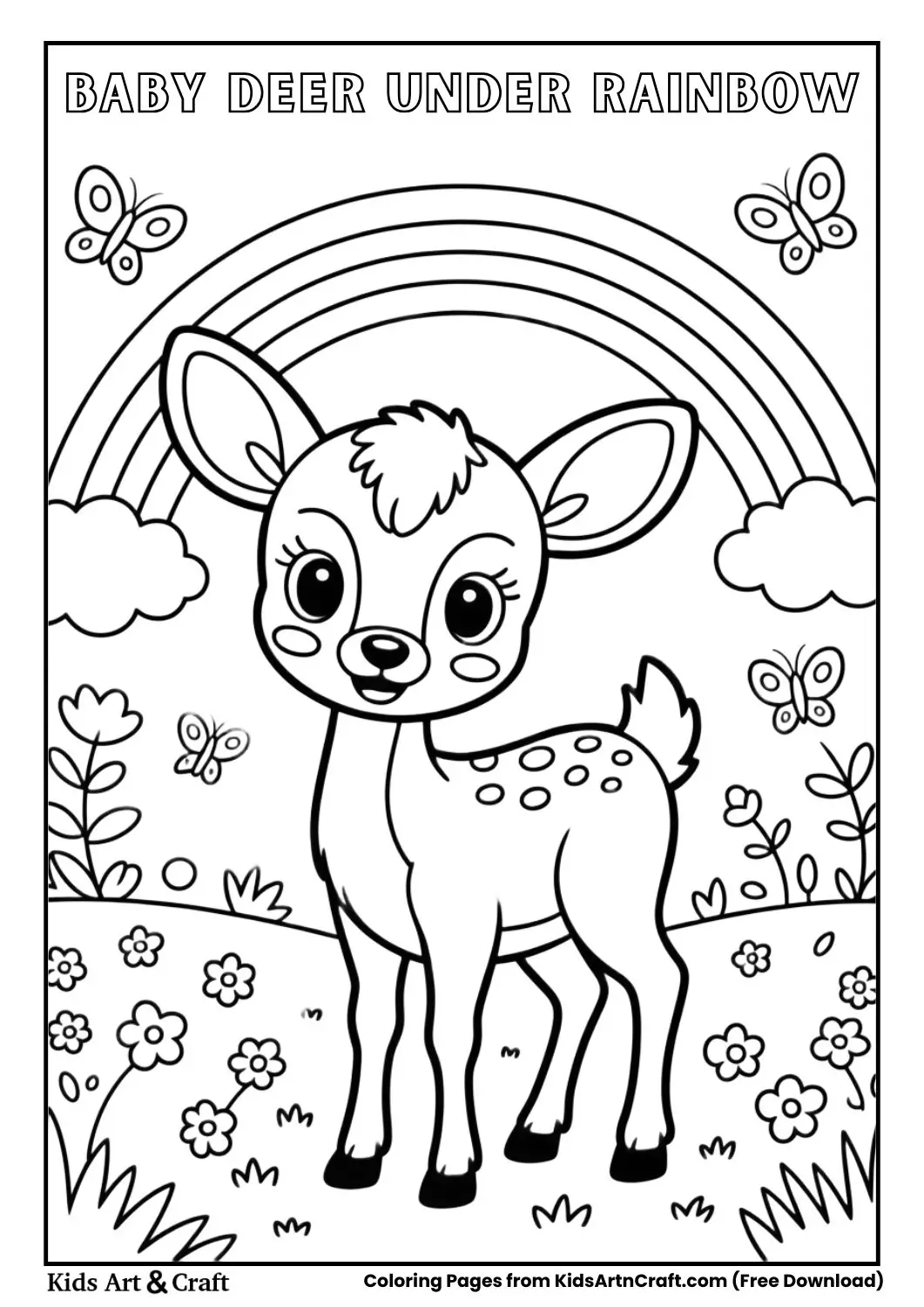 black and white coloring page of a baby deer standing in a meadow under a rainbow