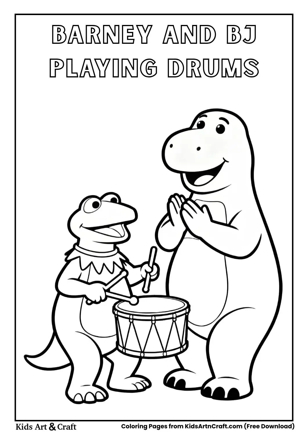 BJ playing drum while Barney claps cartoon coloring page