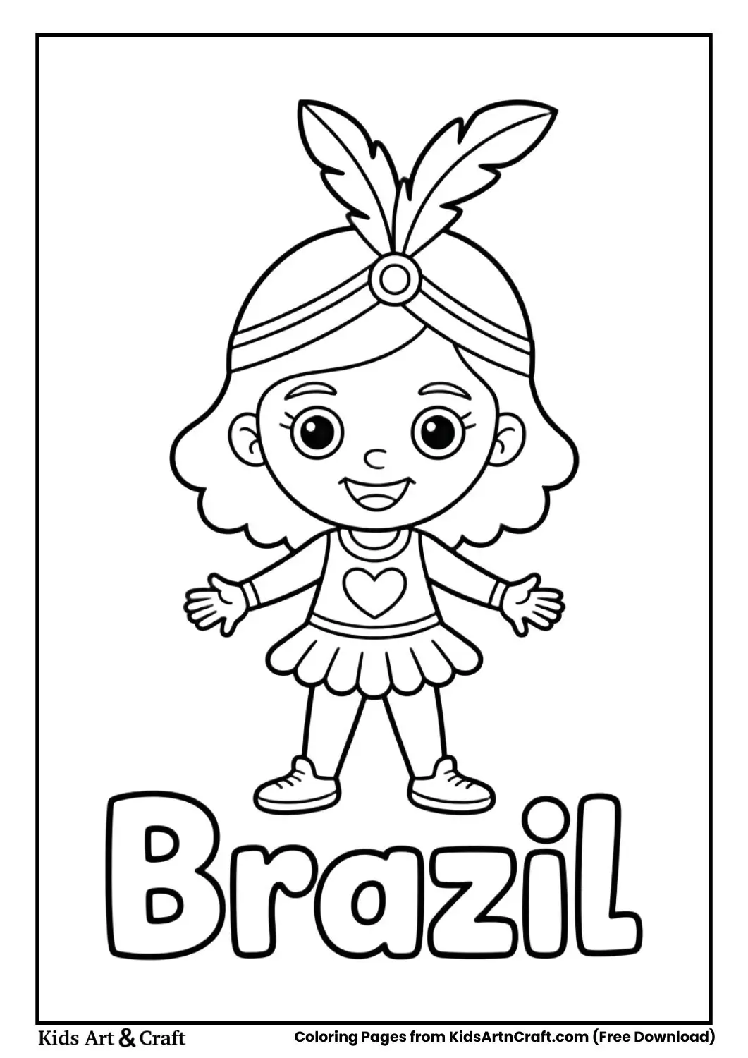 Girl wearing Brazilian carnival costume coloring page with country name Brazil