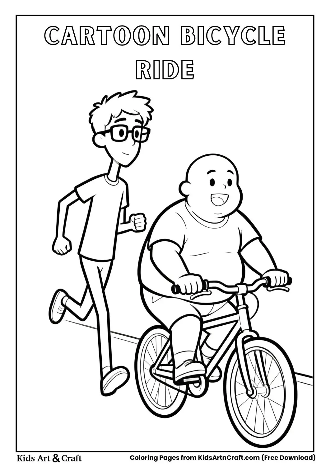 cartoon character riding bicycle friend running coloring page