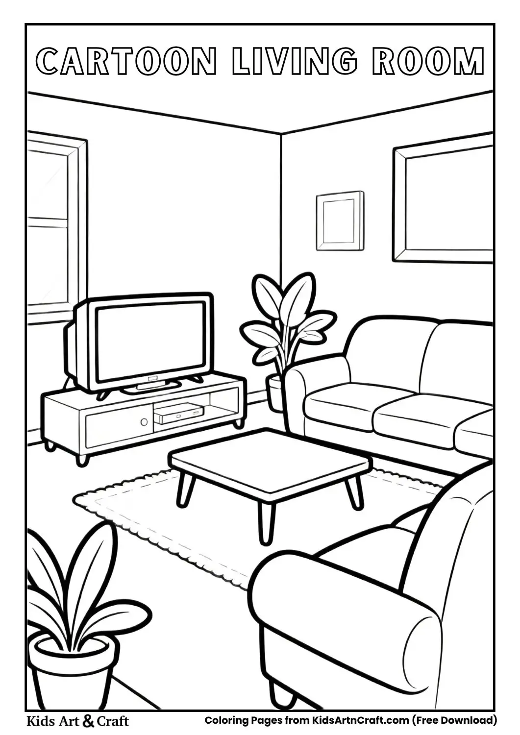 cartoon living room black and white coloring page with sofa TV table and plant