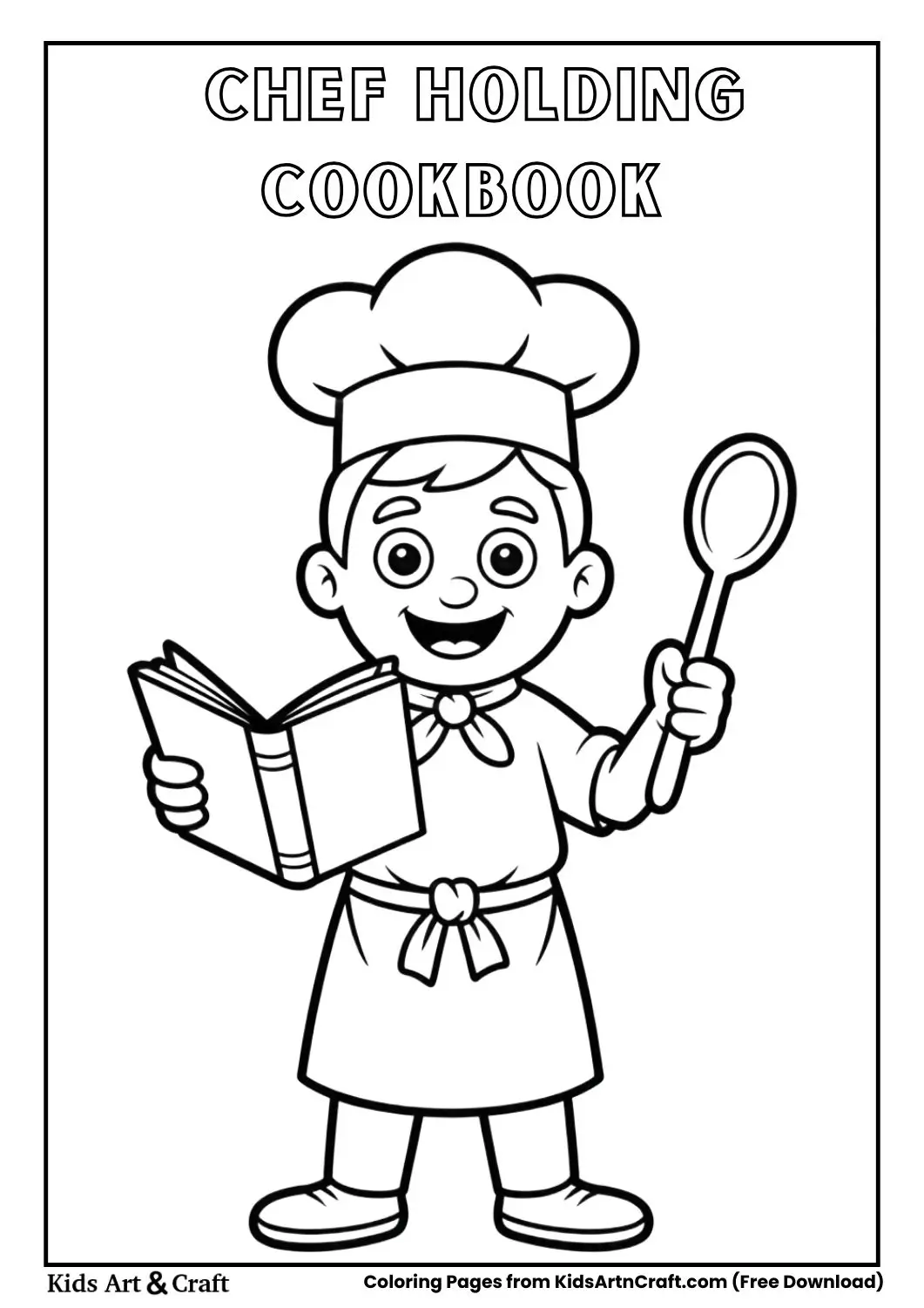 cartoon chef holding cookbook and wooden spoon coloring page