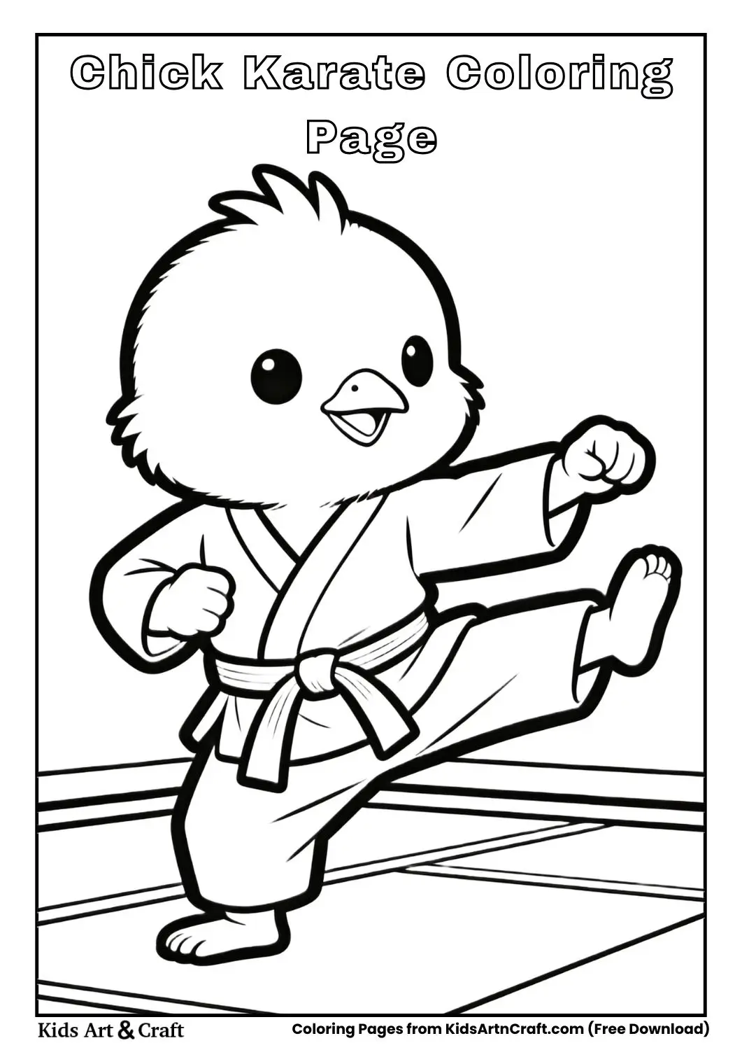 Baby chick wearing karate belt black and white coloring page