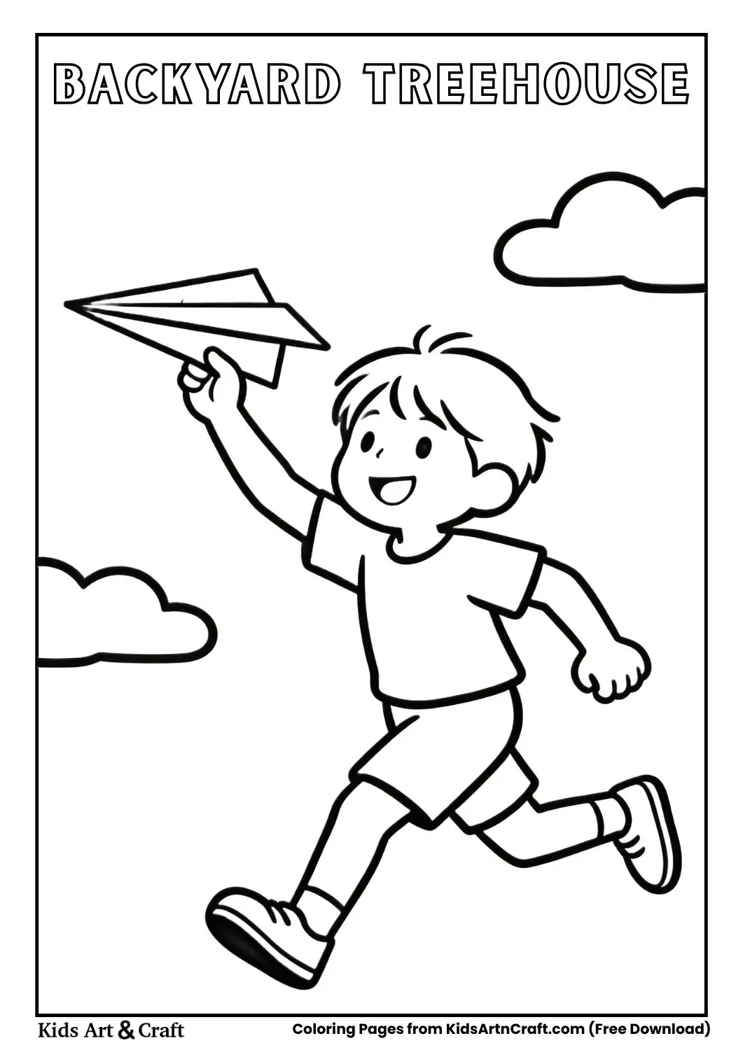 Simple line drawing of a child flying a paper airplane outdoors