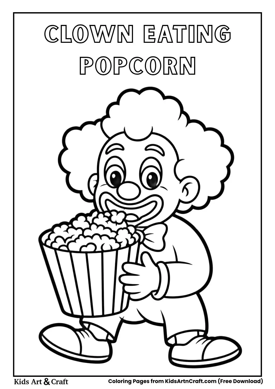 Black and white coloring page of a clown holding and eating a bucket of popcorn.