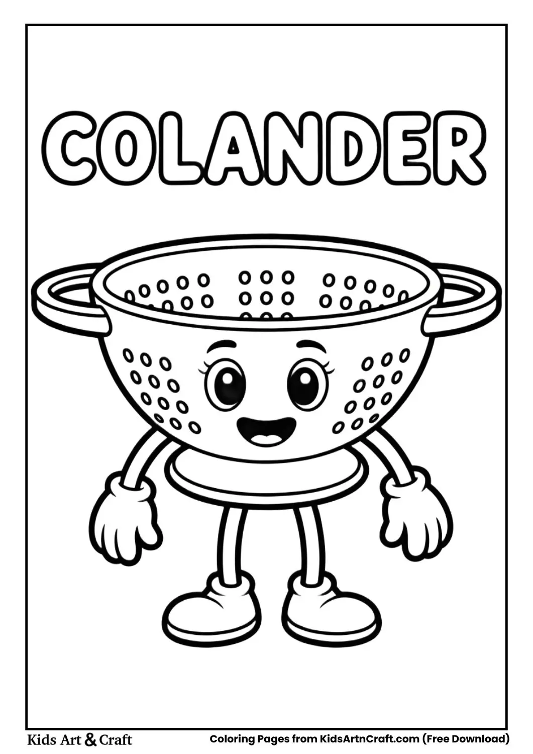 Cartoon colander black and white coloring page with the word COLANDER on top