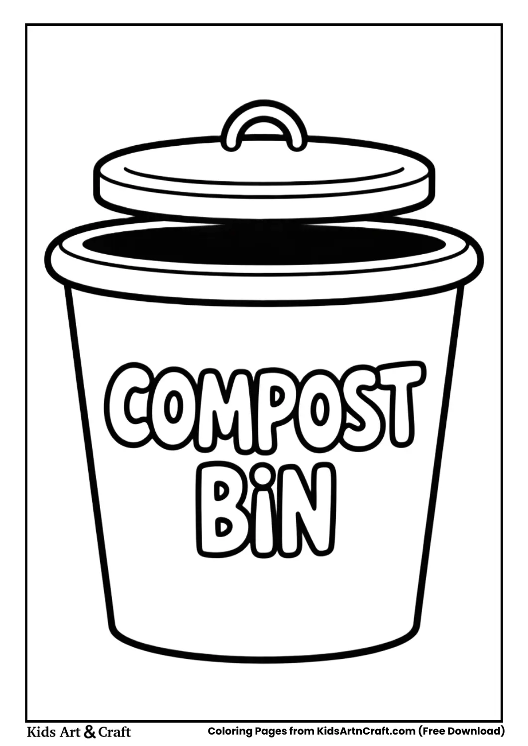 Black and white compost bin coloring page with thick lines and labeled heading