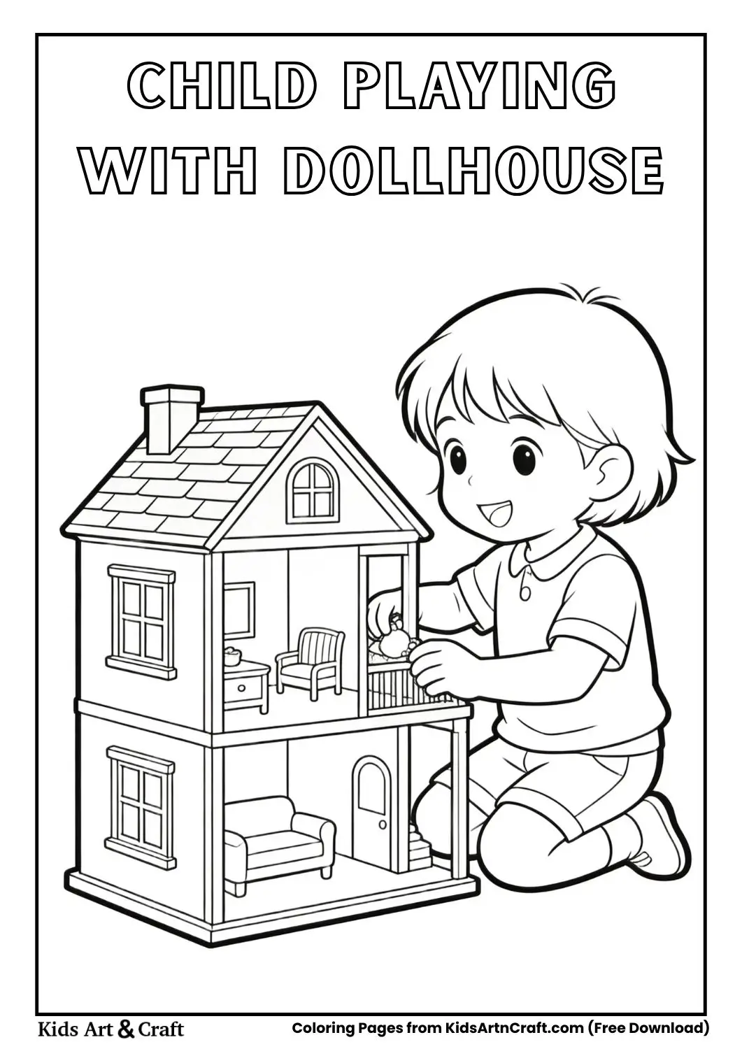 Line art of child playing with large dollhouse