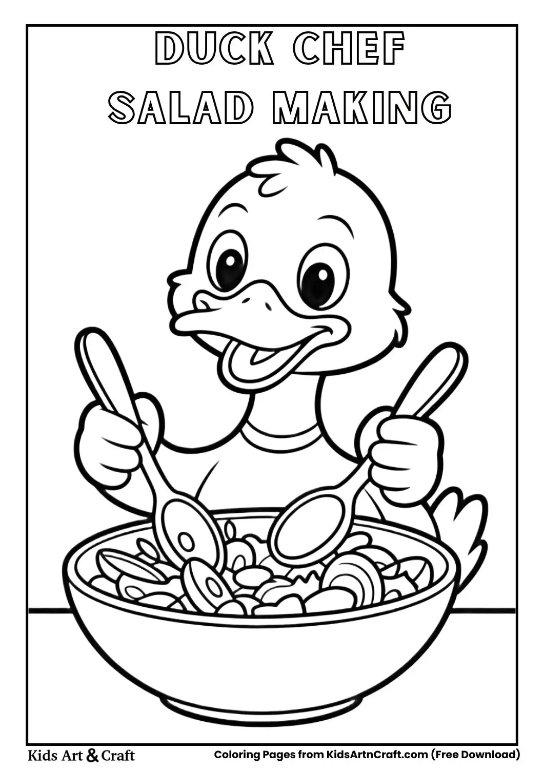 black and white coloring page of a duck tossing salad in a bowl