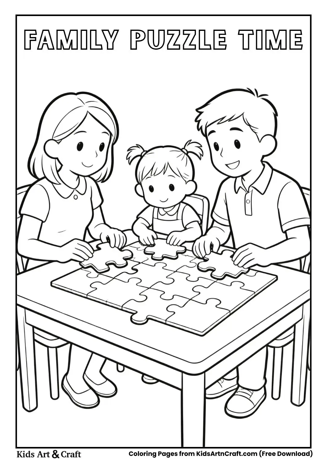 Family working on jigsaw puzzle coloring sheet