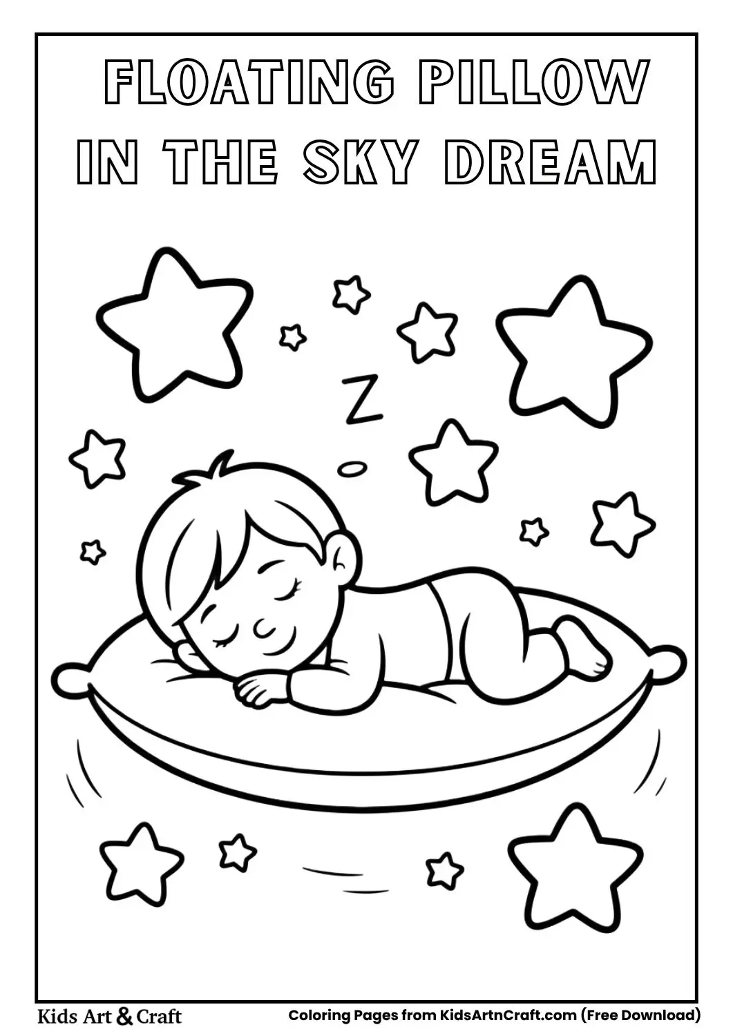 Sleeping child on a floating pillow in the sky coloring page