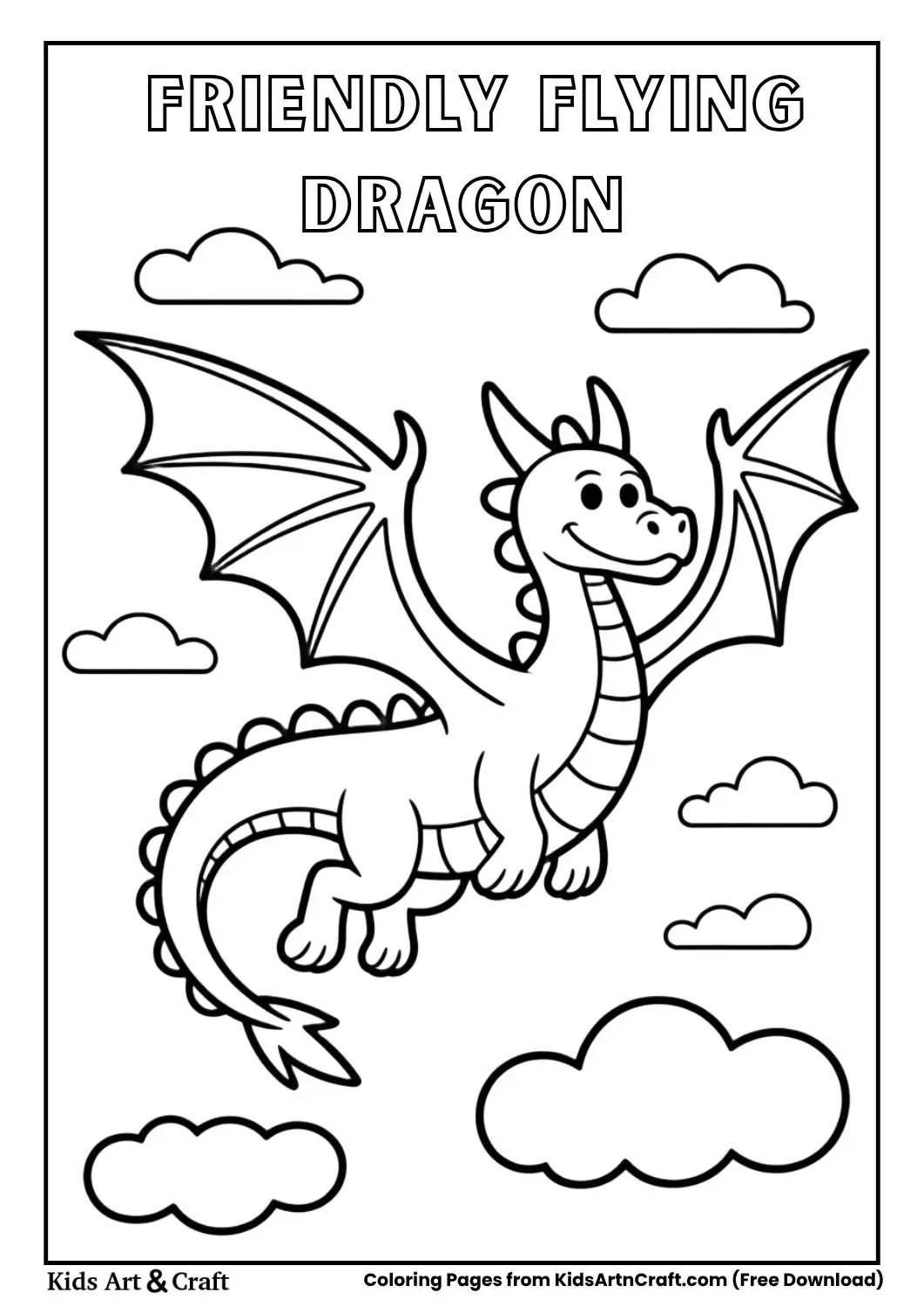 friendly flying dragon black and white coloring page for children