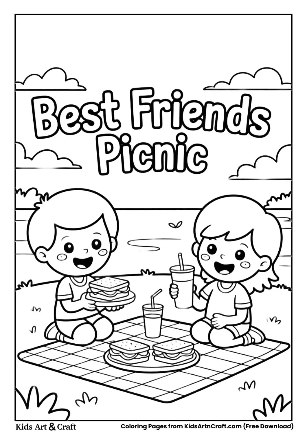 kids picnic together best friends coloring page