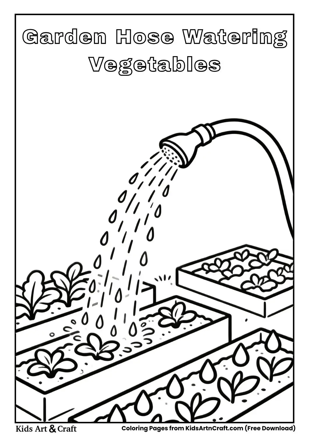 Black and white line art of a hose spraying water on garden plants