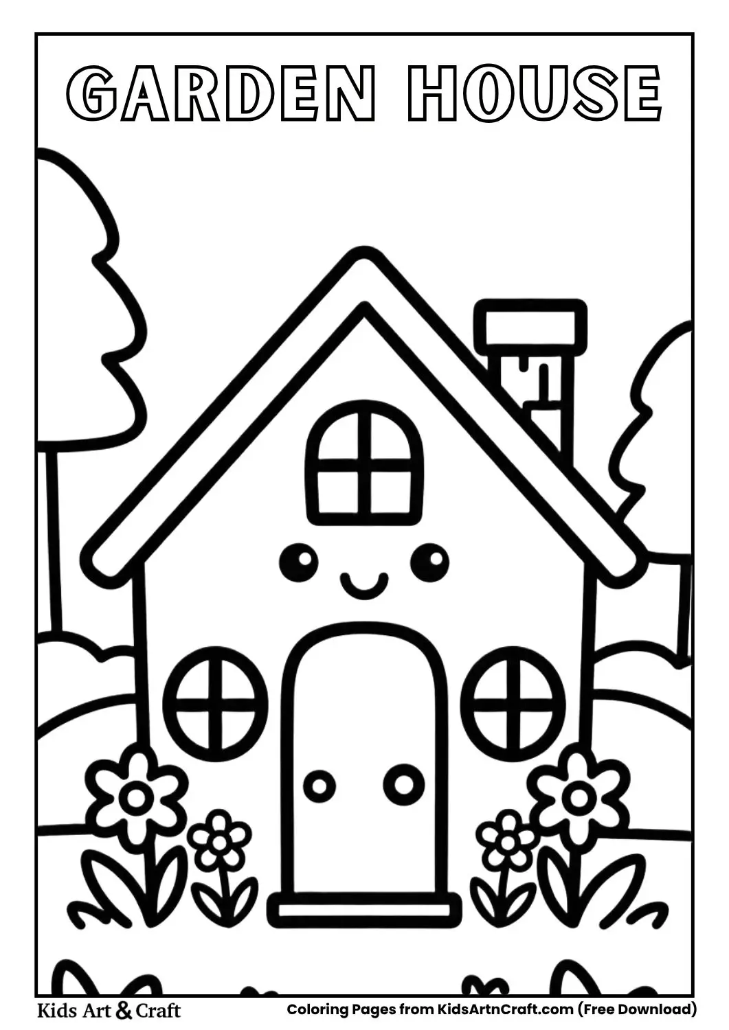 simple garden house with smiling face black and white coloring page for kids